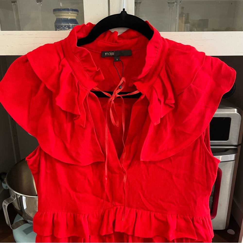 MAJE Rutta Ruffled Crepe Mini Dress In Rouge (Red) - Picture 3 of 8